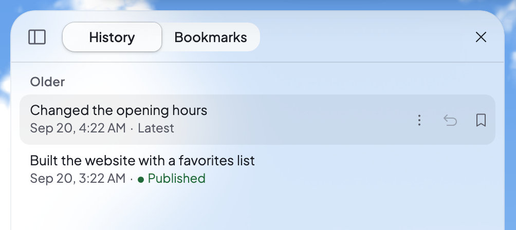 Version history: the newest version marked Latest and an older one marked Published, each with buttons to revert or bookmark it.
