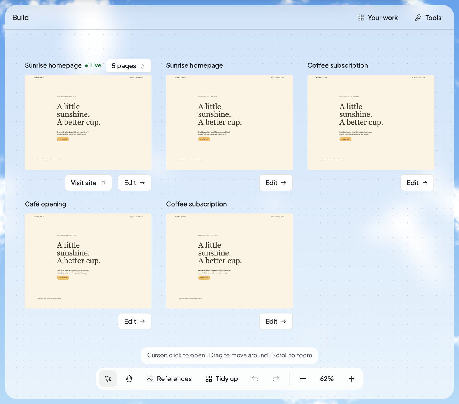 Build with five website cards on a board; the first is Live and shows 5 pages, Visit site and Edit, with Your work and Tools at the top and the board’s toolbar at the bottom.