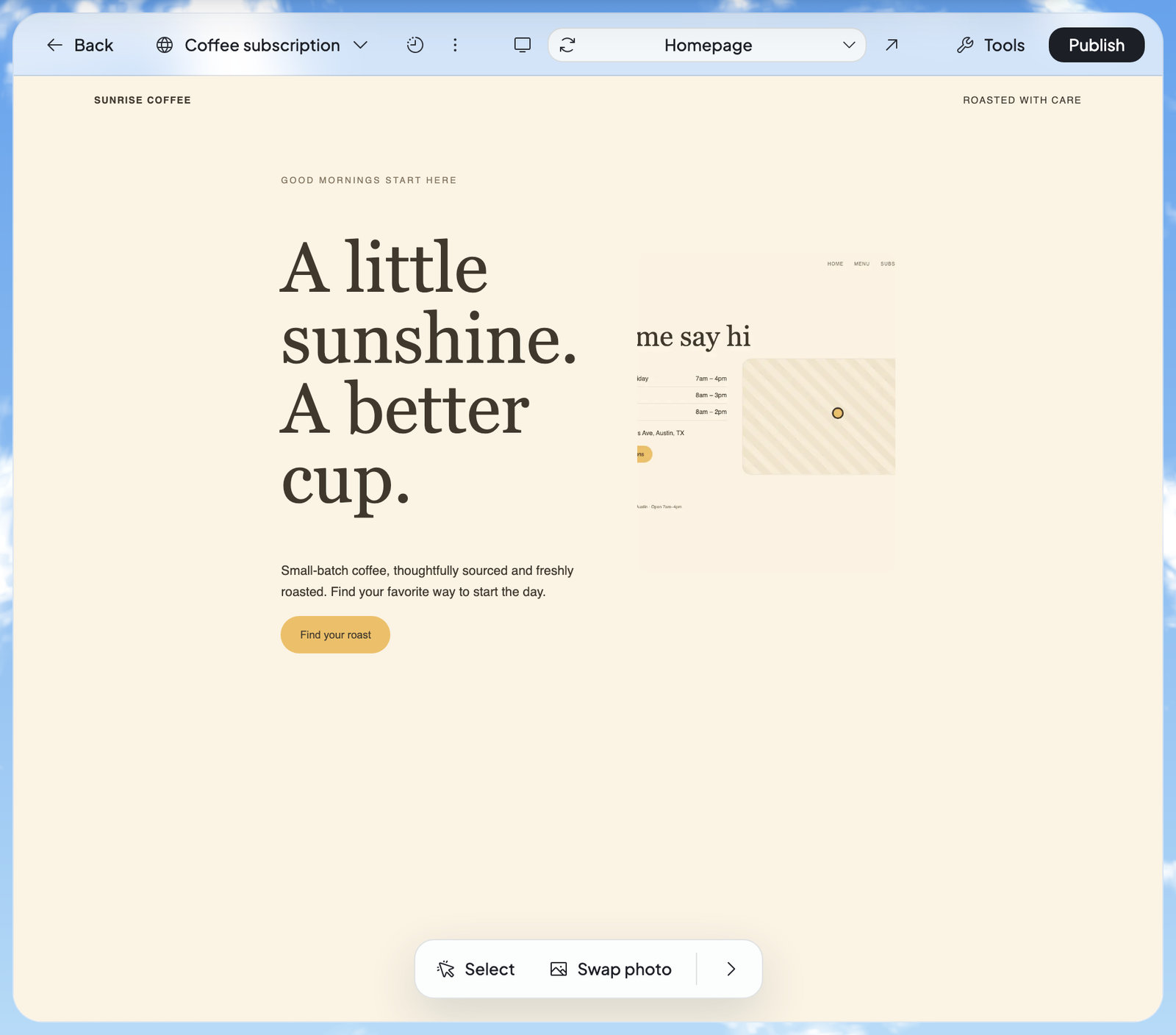 A website open in Build: the header with Back, the website’s name, History, the device button, the page bar, Tools and Publish, the website below, and the website tools at the bottom.