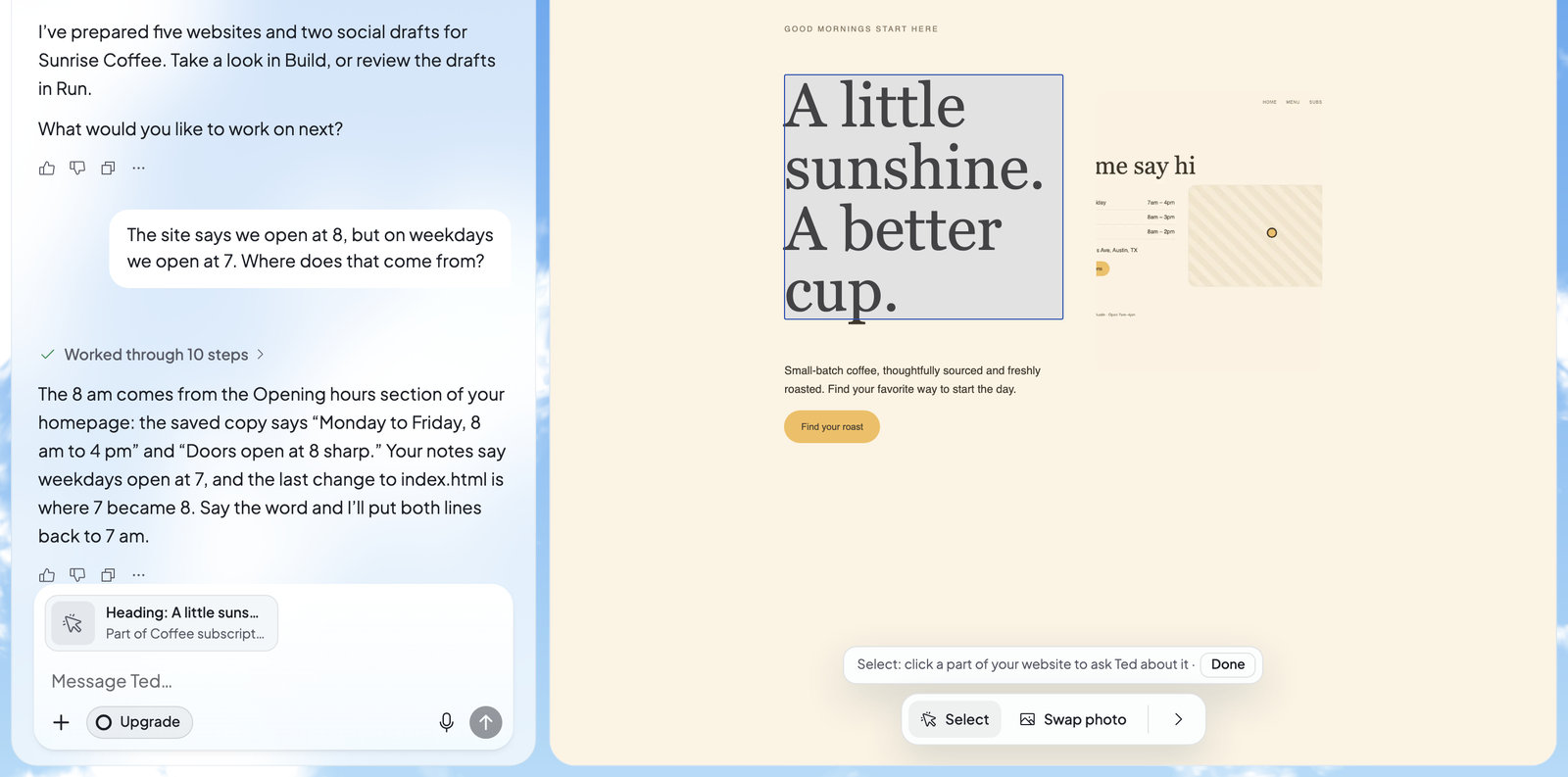 Select turned on: the website’s heading is outlined and a chip naming it waits above the message box, ready for you to tell Ted what to change.