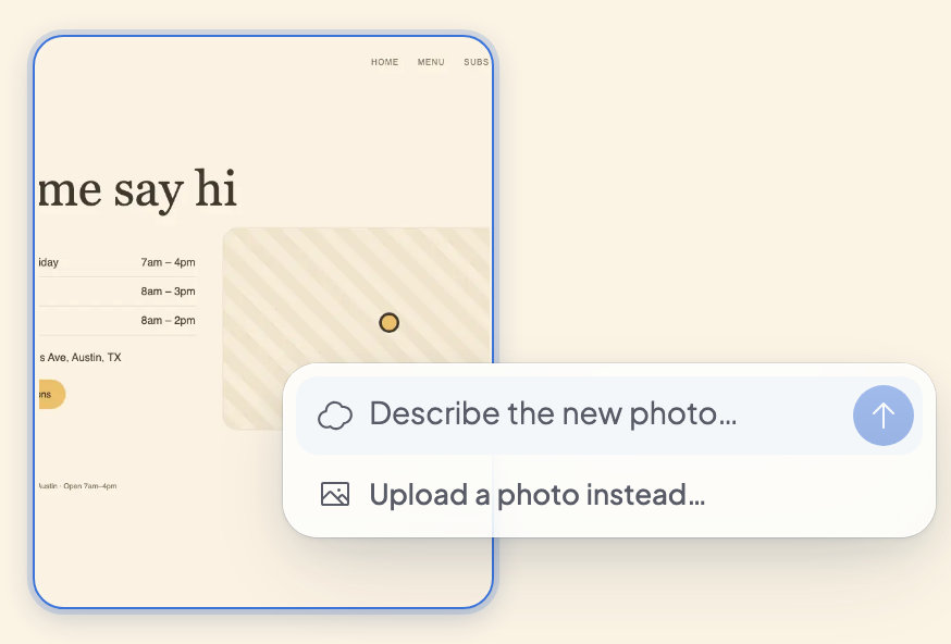 Swap photo: the website’s photo is outlined, with a box to describe a new photo for Ted to make or to upload one instead.