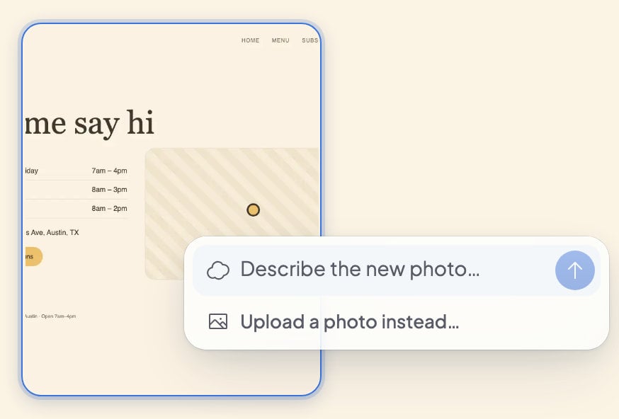 Swap photo: the website’s photo is outlined, with a box to describe a new photo for Ted to make or to upload one instead.