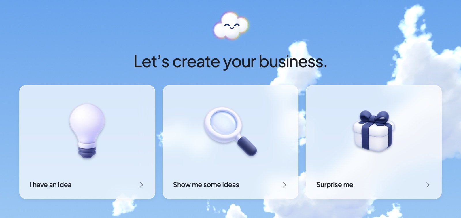 Foundable’s first screen: Let’s create your business, with I have an idea, Show me some ideas and Surprise me.