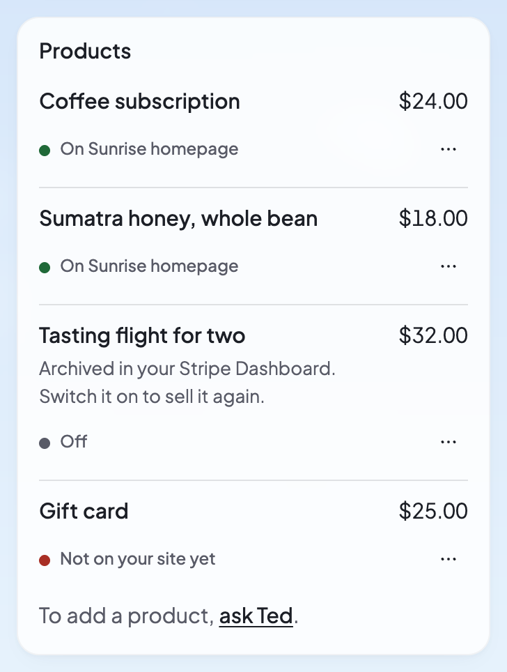 The Products list on a phone: two products on sale on your website, one switched off, and one not on your site yet.