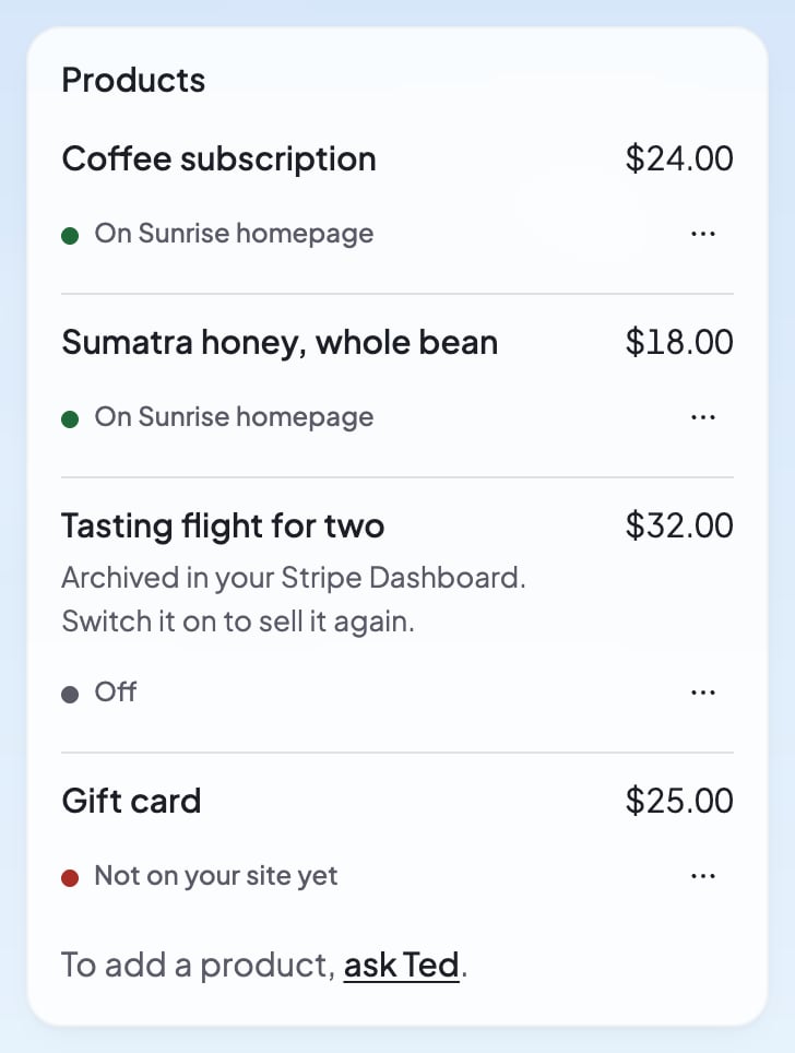 The Products list on a phone: two products on sale on your website, one switched off, and one not on your site yet.