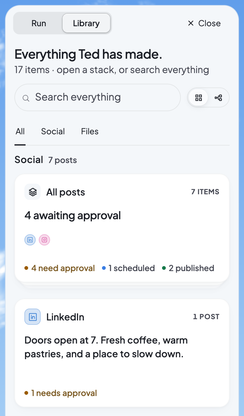 The Library on a phone, on All: Ted’s posts in a stack for each network, each counting what needs approval, is scheduled or is published.
