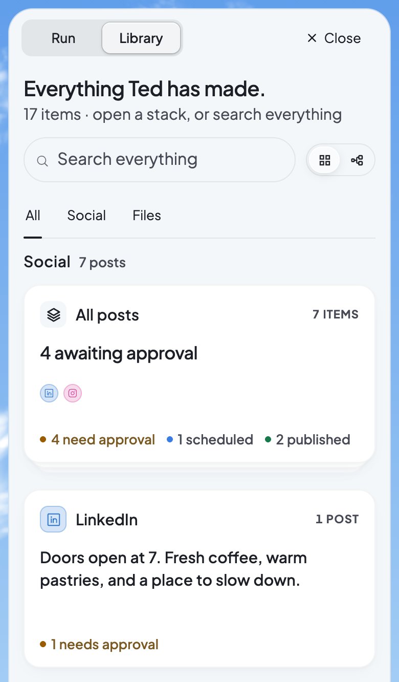 The Library on a phone, on All: Ted’s posts in a stack for each network, each counting what needs approval, is scheduled or is published.