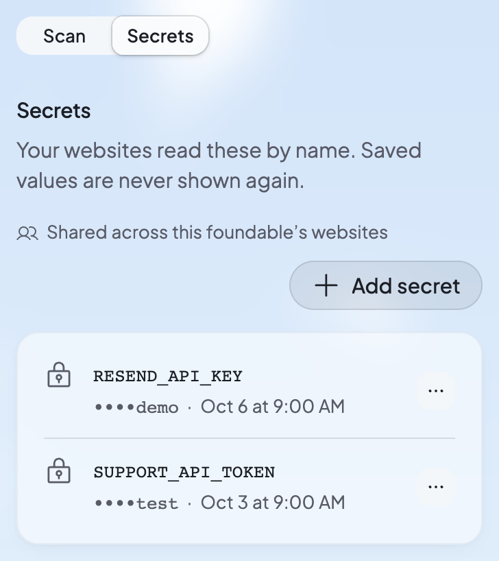 Security’s Secrets on a phone: two secret keys listed by name, their values hidden but for the last four characters, under Add secret.