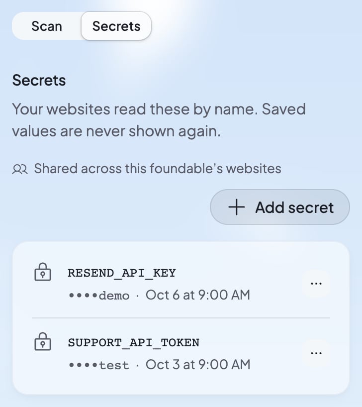 Security’s Secrets on a phone: two secret keys listed by name, their values hidden but for the last four characters, under Add secret.