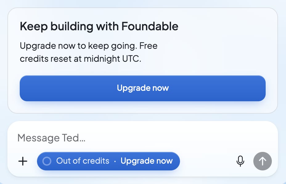 Above Ted’s message box at zero credits: Keep building with Foundable, with Upgrade now, and the box’s button reading Out of credits · Upgrade now.