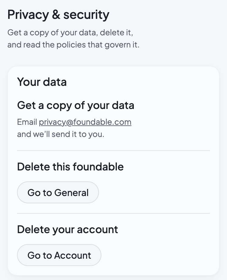 Privacy & security on a phone: the Your data card, with privacy@foundable.com for a copy, Go to General and Go to Account.