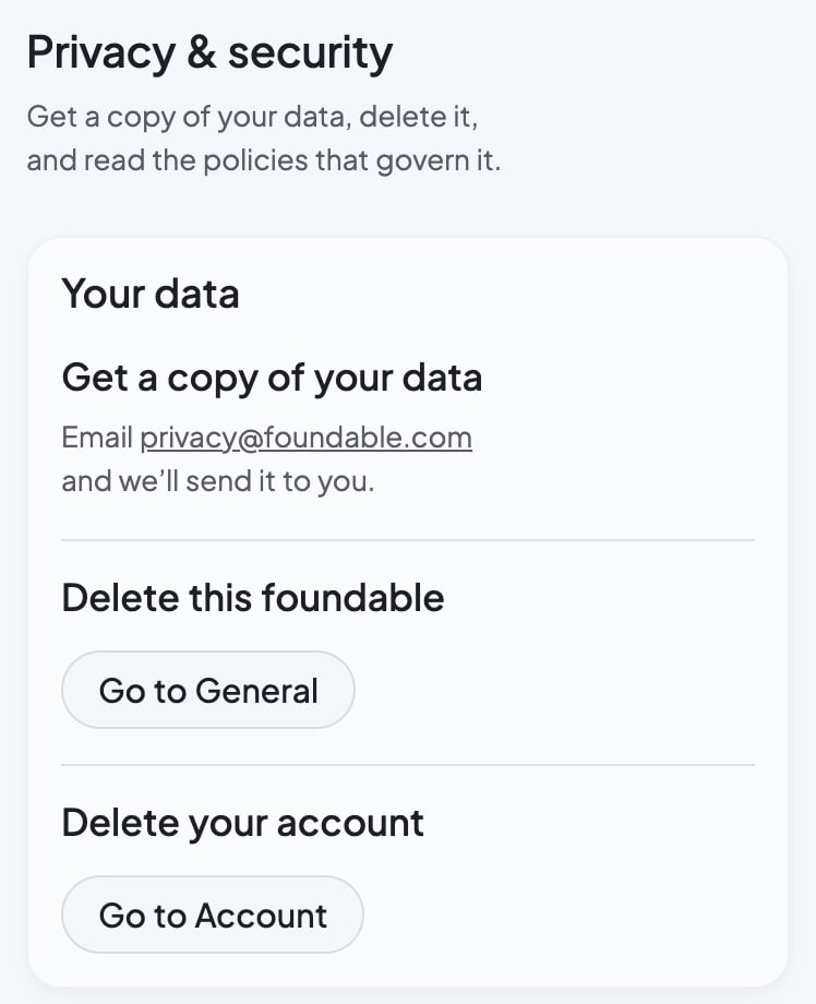 Privacy & security on a phone: the Your data card, with privacy@foundable.com for a copy, Go to General and Go to Account.