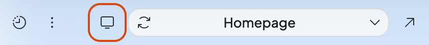 The top of the preview: the clock, ⋮, the device button outlined, then Refresh preview, the page name Homepage and Open in new tab.