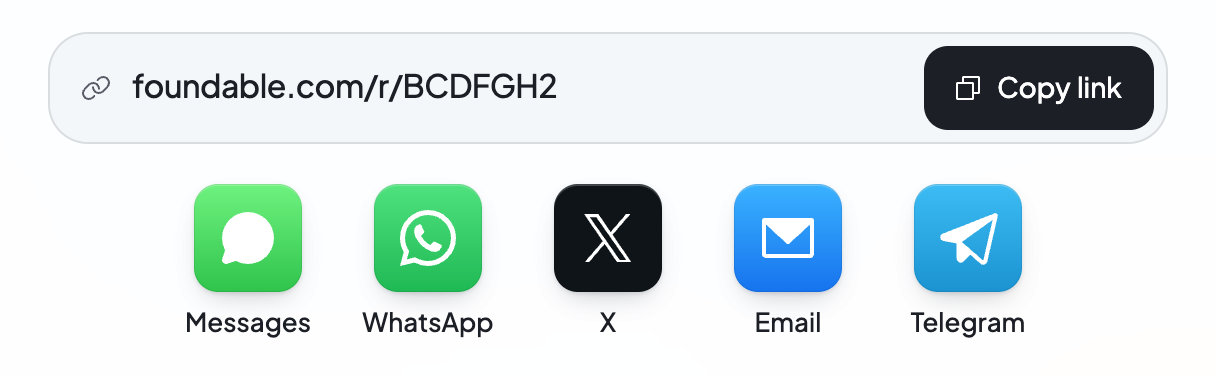 Your invite link with a Copy link button, and buttons to send it by Messages, WhatsApp, X, Email or Telegram.