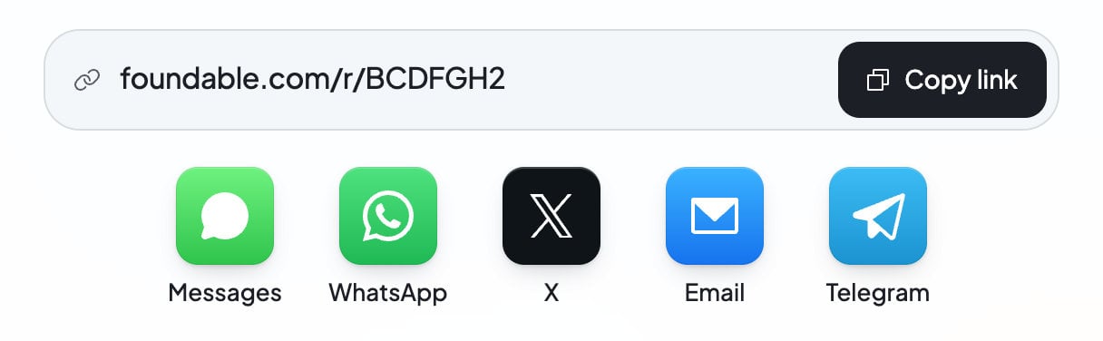 Your invite link with a Copy link button, and buttons to send it by Messages, WhatsApp, X, Email or Telegram.