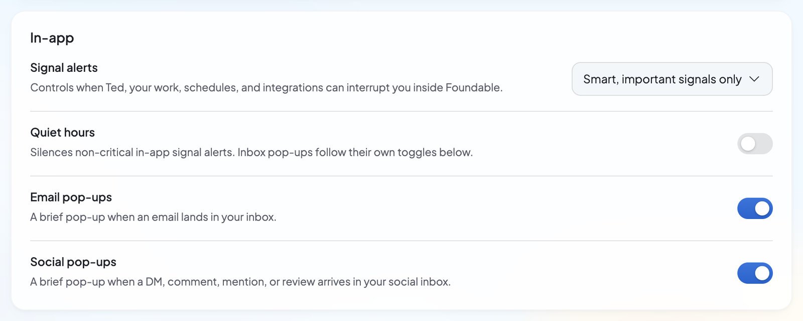 The In-app notification settings: signal alerts, quiet hours, and pop-ups for new emails and social messages.