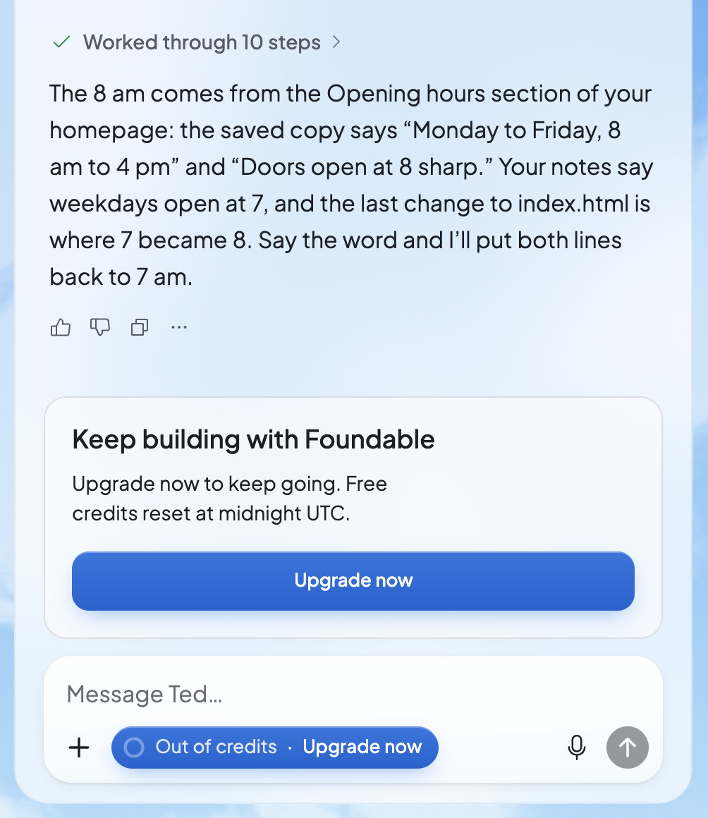 The chat with the out-of-credits card above the message box: Keep building with Foundable, with an Upgrade now button.