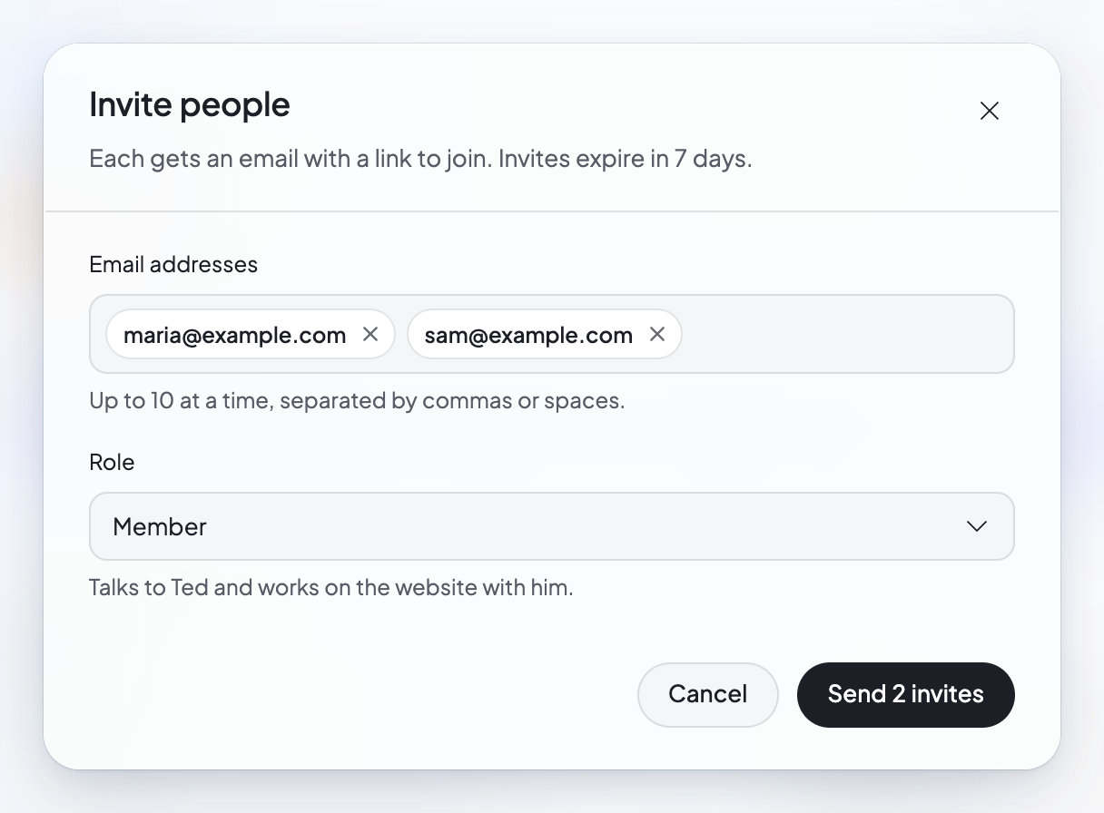 The Invite people window with two email addresses entered, the role set to Member, and a Send 2 invites button.