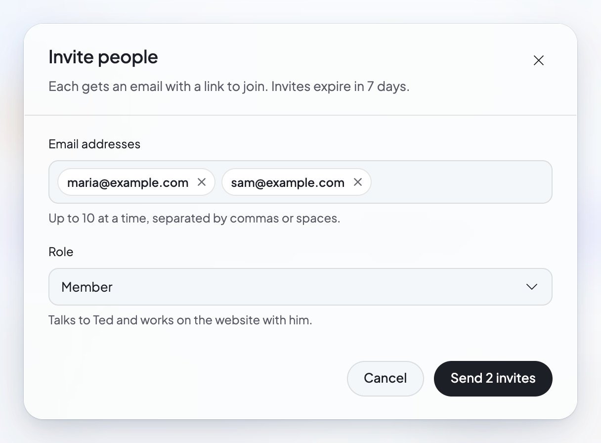 The Invite people window with two email addresses entered, the role set to Member, and a Send 2 invites button.
