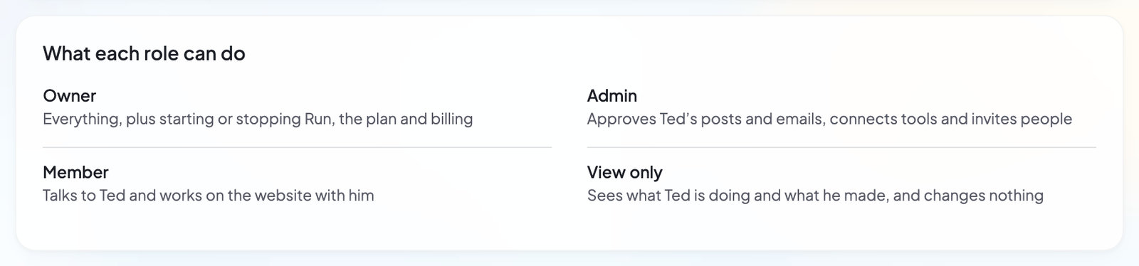 What each role can do: Owner, Admin, Member and View only, each with one line about what that role may do.