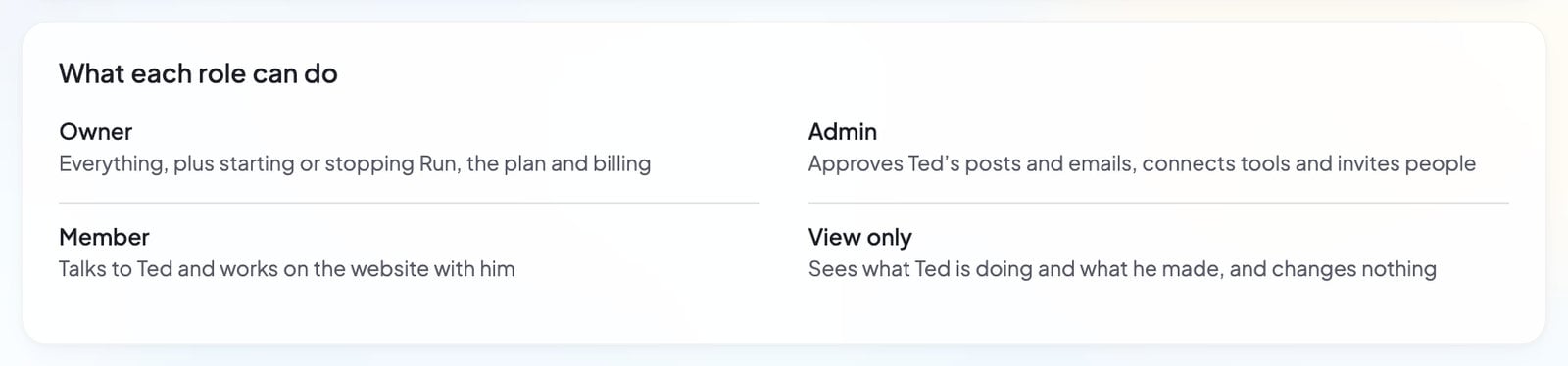 What each role can do: Owner, Admin, Member and View only, each with one line about what that role may do.