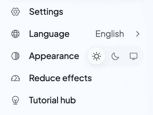 The account menu’s rows: Settings, Language, Appearance with light, dark and system choices, Reduce effects and Tutorial hub.