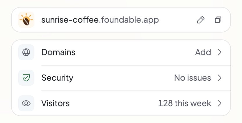 The Publish panel showing the website’s foundable.app address and a Domains row with Add, above Security and Visitors.
