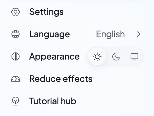 The account menu’s rows: Settings, Language, Appearance with light, dark and system choices, Reduce effects and Tutorial hub.