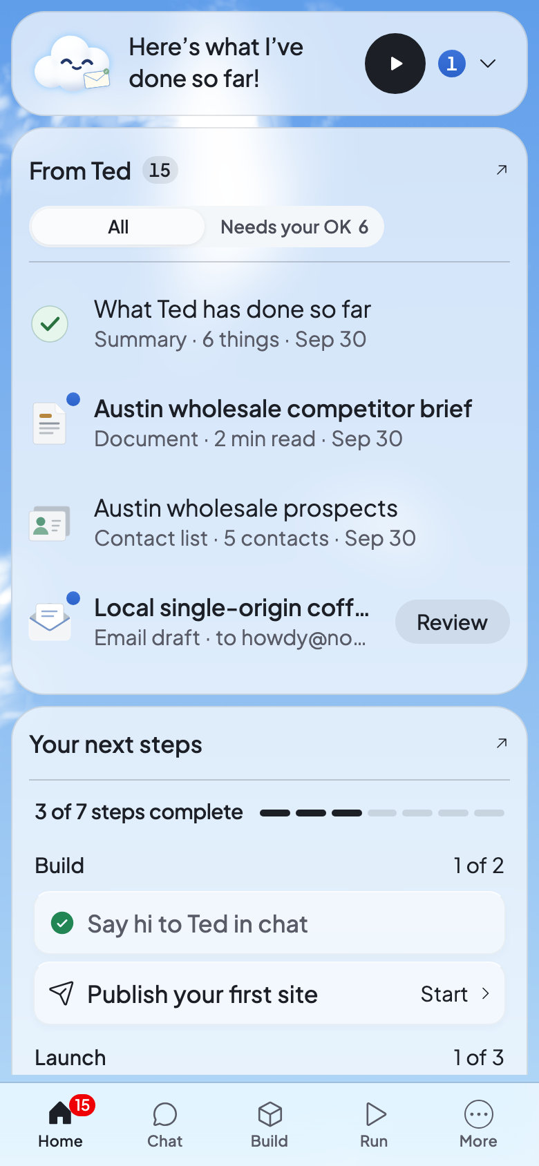 Foundable Home on a phone with tabs for Home, Chat, Build, Run and More along the bottom.