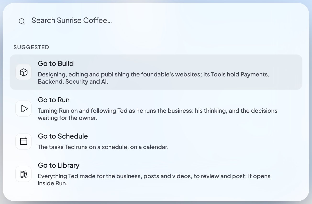 The search box open with suggestions to go to Build, Run, Schedule and Library.