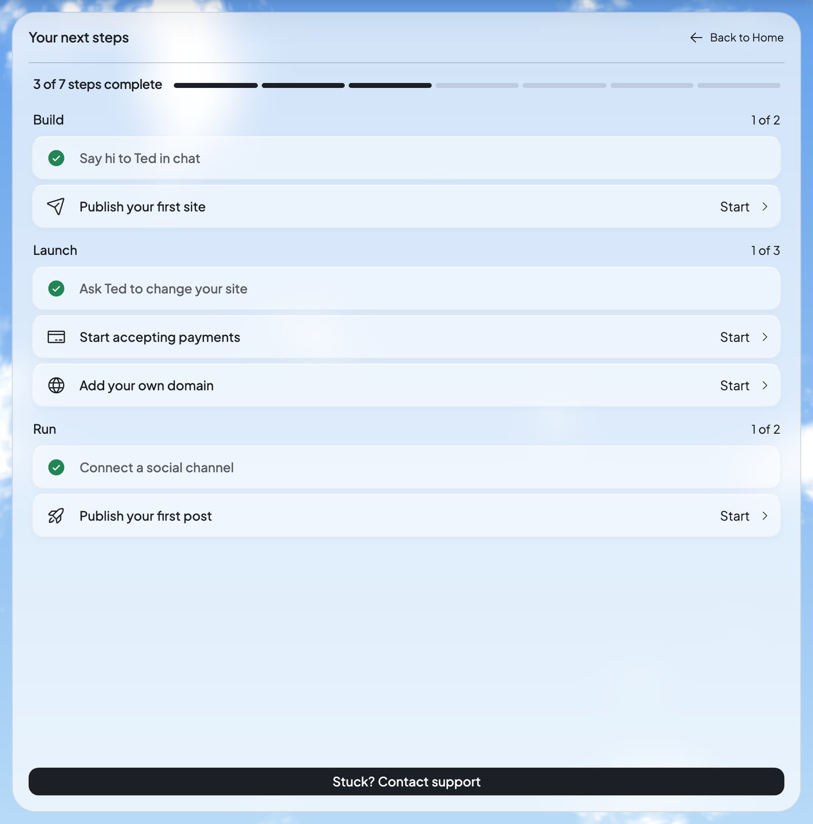 Your next steps checklist with three of seven steps complete.