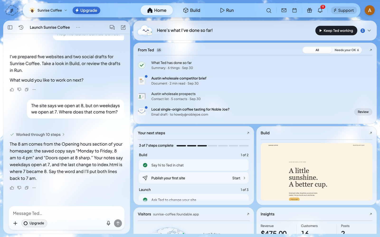 Foundable Home with the chat on the left and Ted’s work, next steps and website on the right.