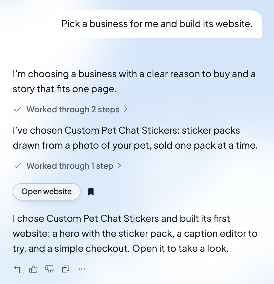 The chat with Ted: you ask him to pick a business and build its website, and his reply ends with an Open website button for the website he built.