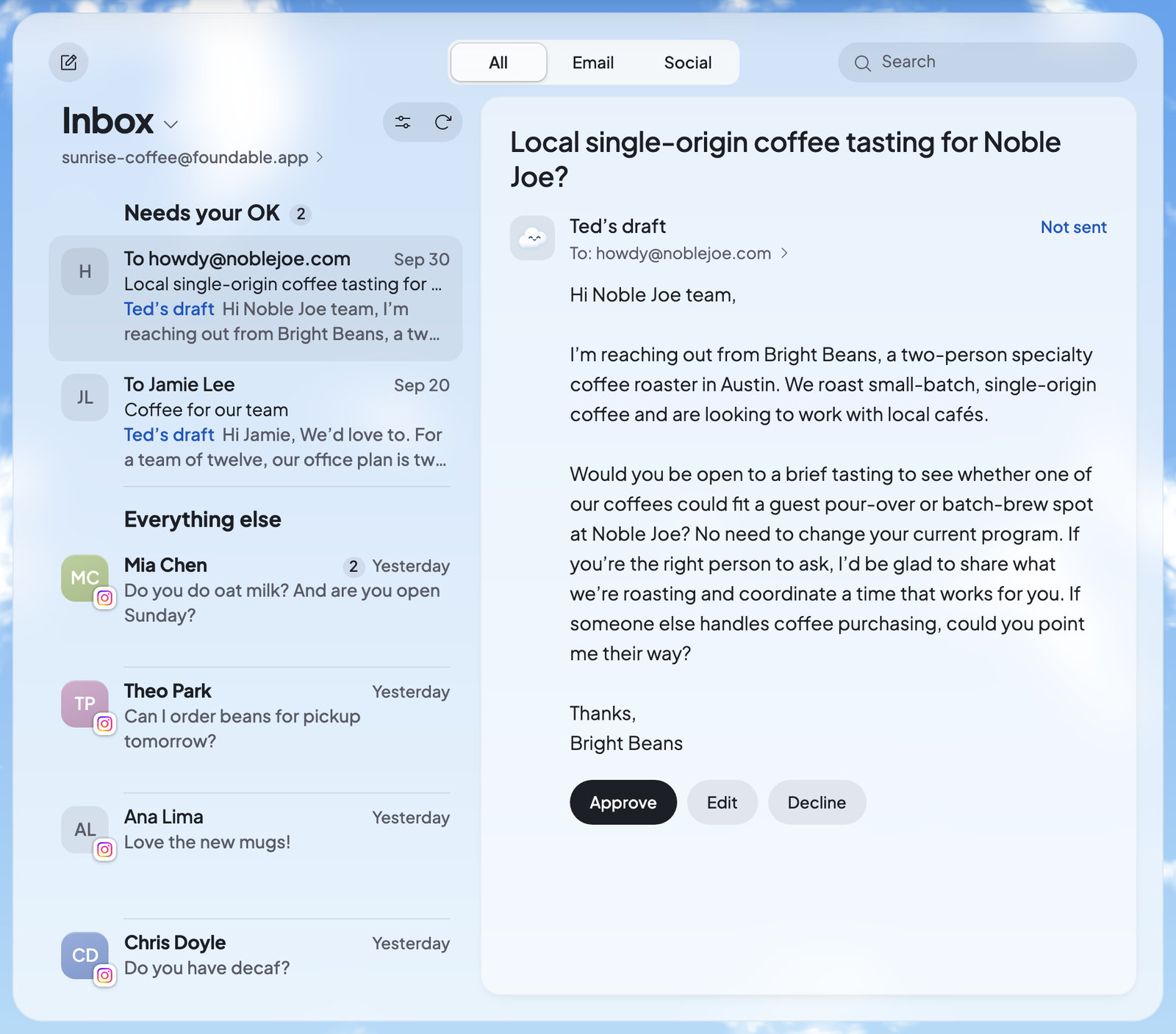 The Inbox with Ted’s drafts waiting under Needs your OK, other messages below, and one of Ted’s drafts open with Approve, Edit and Decline.