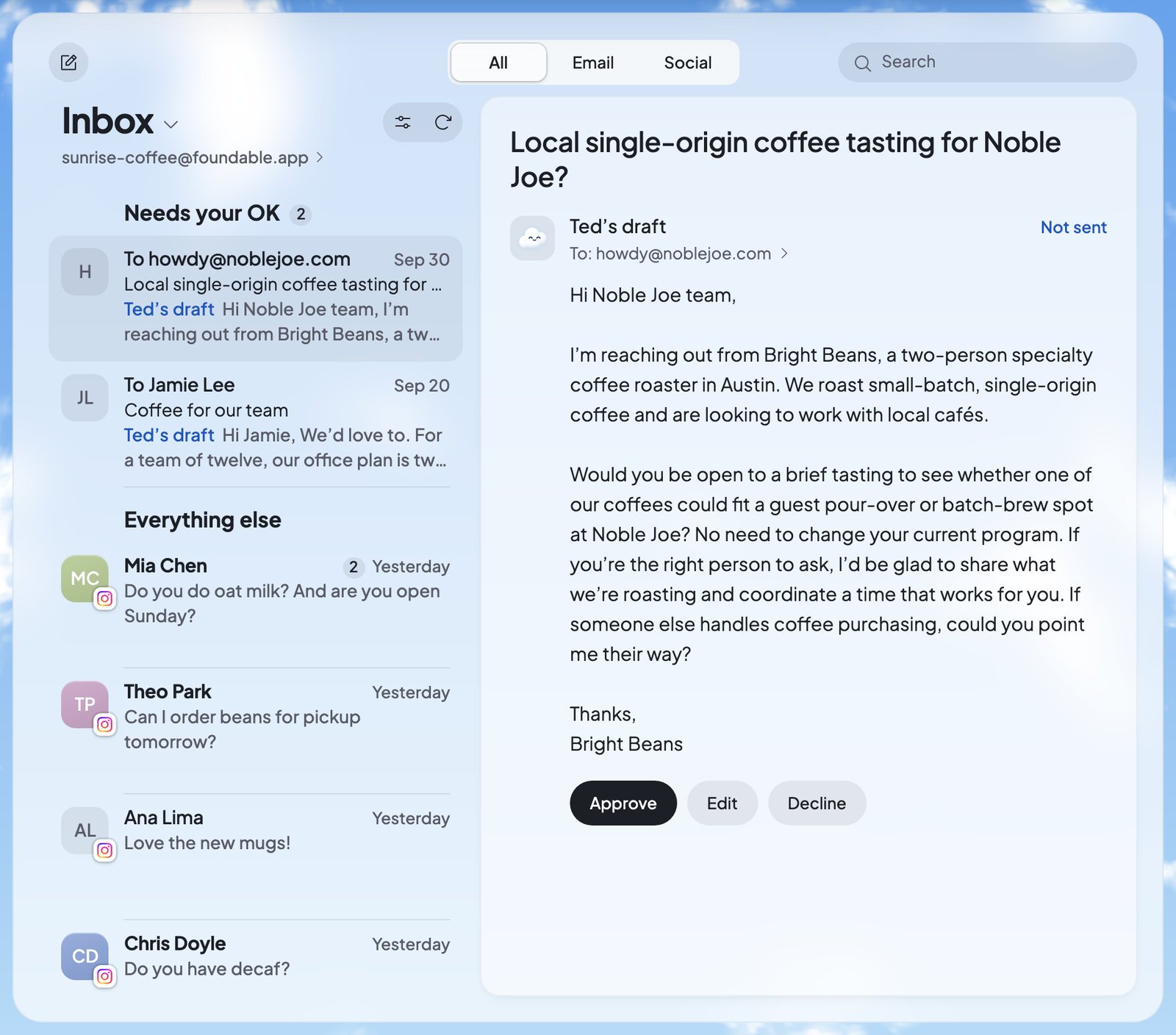 The Inbox with Ted’s drafts waiting under Needs your OK, other messages below, and one of Ted’s drafts open with Approve, Edit and Decline.