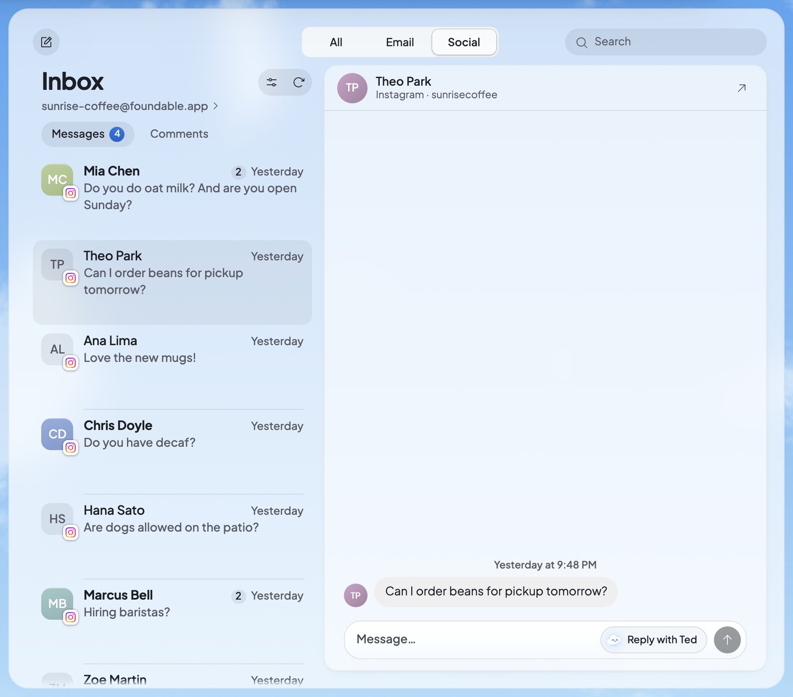 The Inbox on Social with a customer's Instagram message open, and a box under it to answer, with a Reply with Ted button.