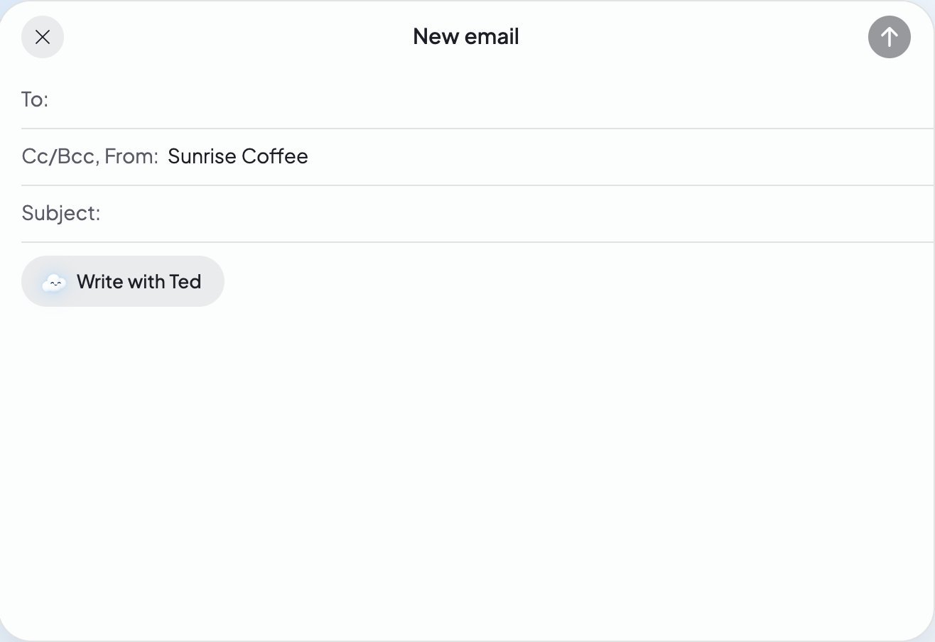 The New email sheet with To, Cc/Bcc and From, Subject, a Write with Ted button, and Send at the top right.