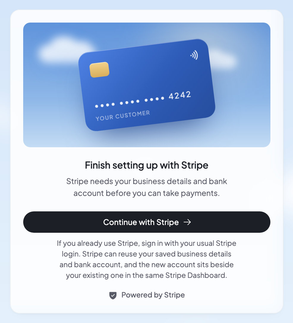 The Payments card asking you to finish setting up with Stripe, with a Continue with Stripe button.