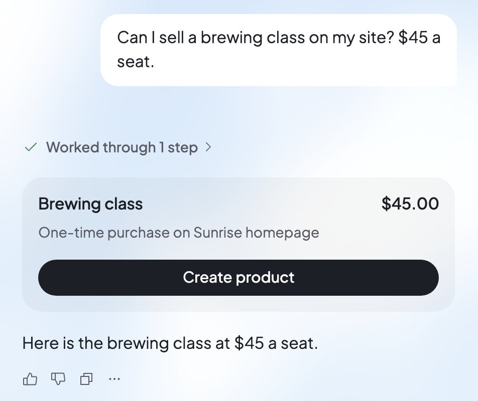 Ted’s card for a new product in the chat: Brewing class, $45.00, a one-time purchase on your website, with a Create product button.