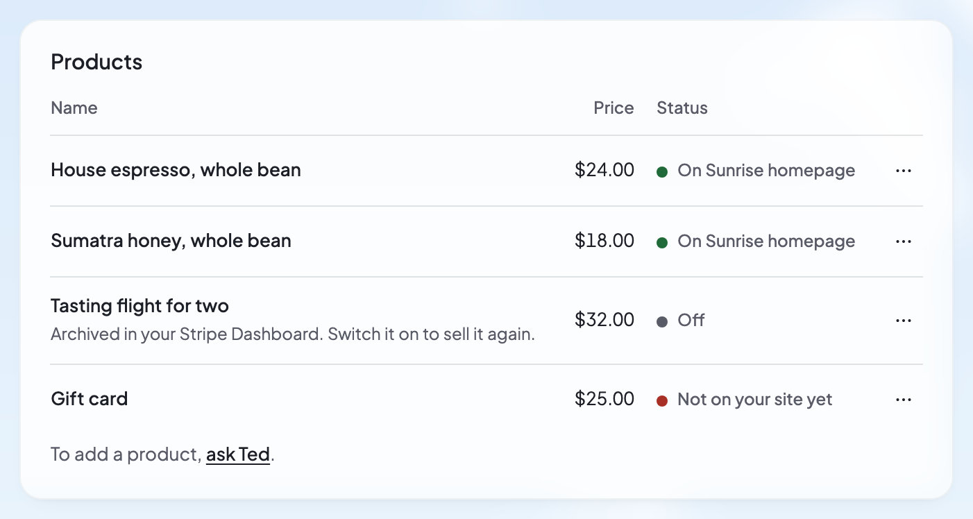The Products list in Payments: two products on sale on your website, one switched off, and one not on your site yet.