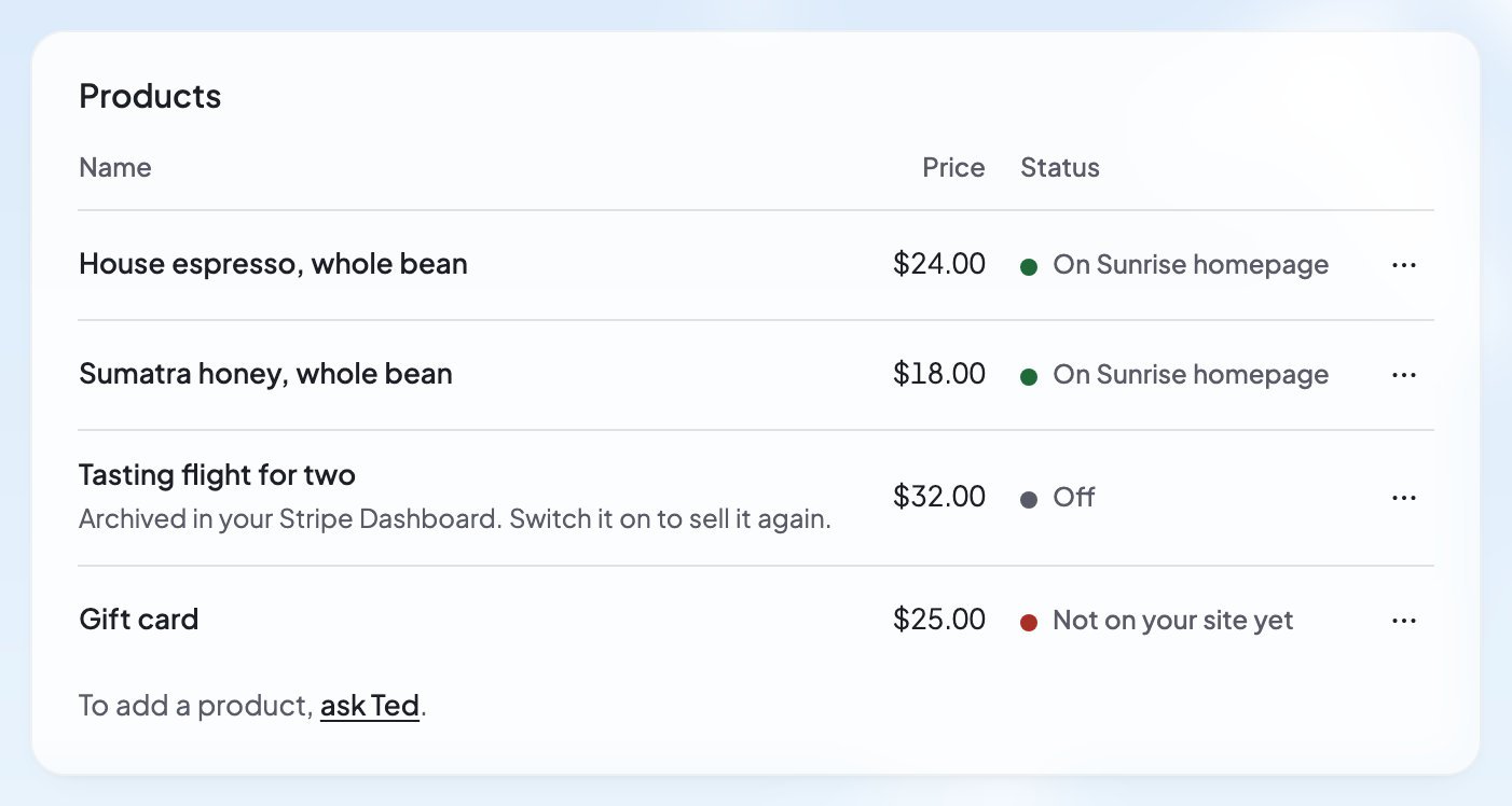 The Products list in Payments: two products on sale on your website, one switched off, and one not on your site yet.