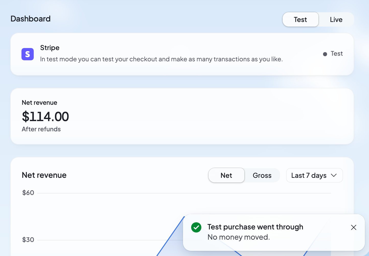 Payments in test mode after a test purchase, with the message Test purchase went through, No money moved.