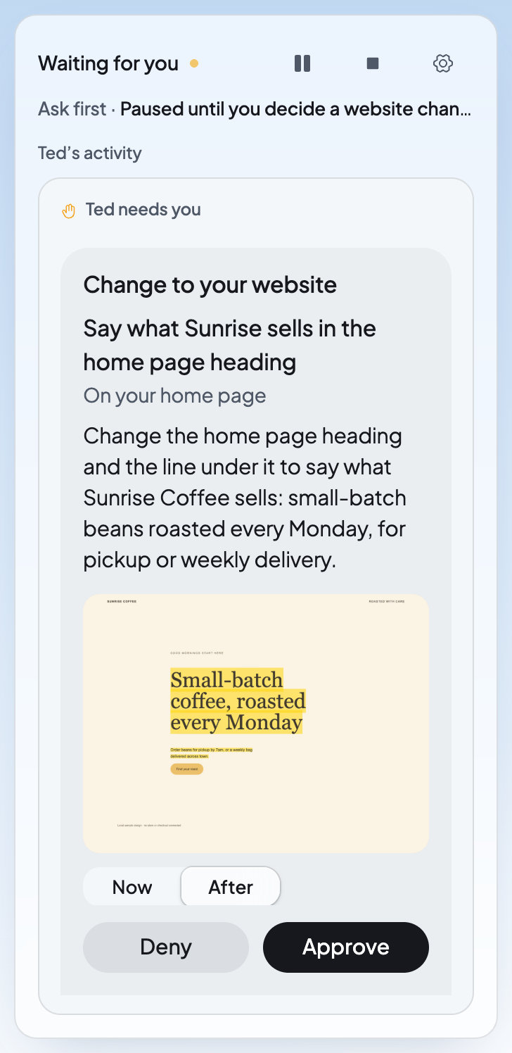 Run waiting for you: Ted changed the home page heading and asks you to approve or deny it, with a picture of the page after the change.