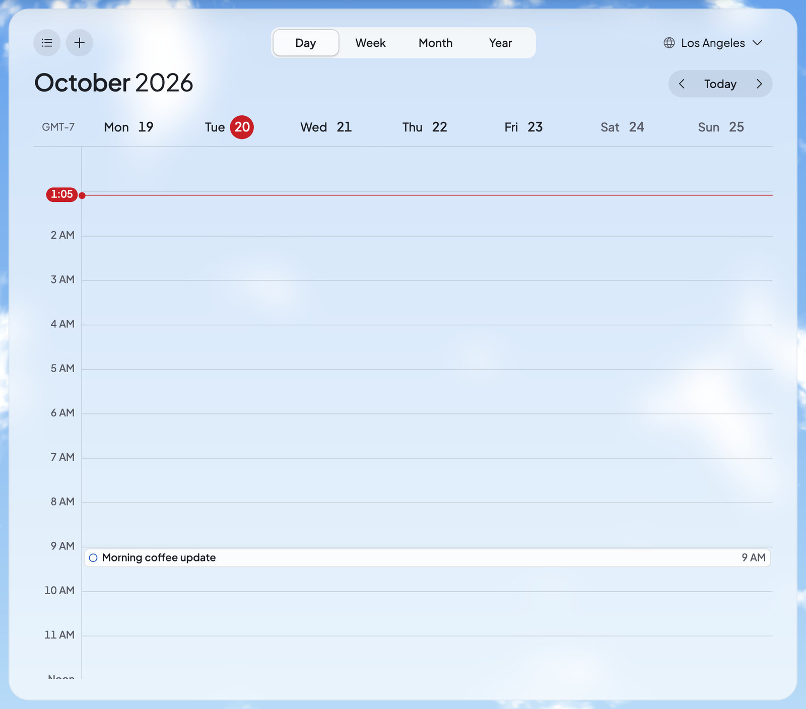 Schedule’s calendar on today, with the Morning coffee update task at 9 AM.