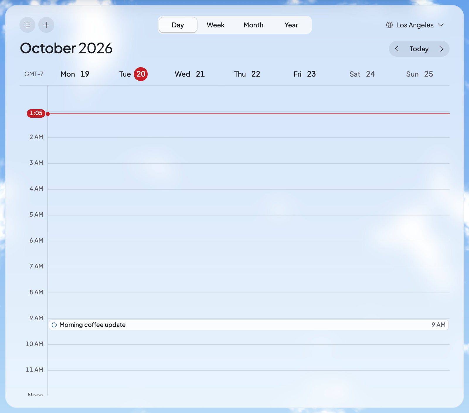 Schedule’s calendar on today, with the Morning coffee update task at 9 AM.