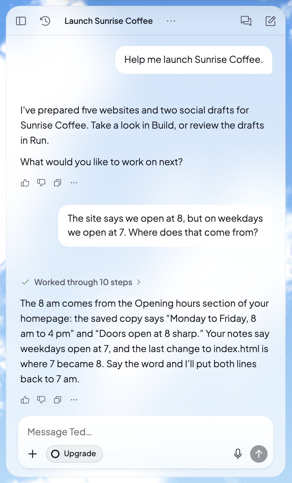 The chat panel: you ask Ted where your website’s opening hours come from, and he answers after working through 10 steps. The message box is at the bottom.