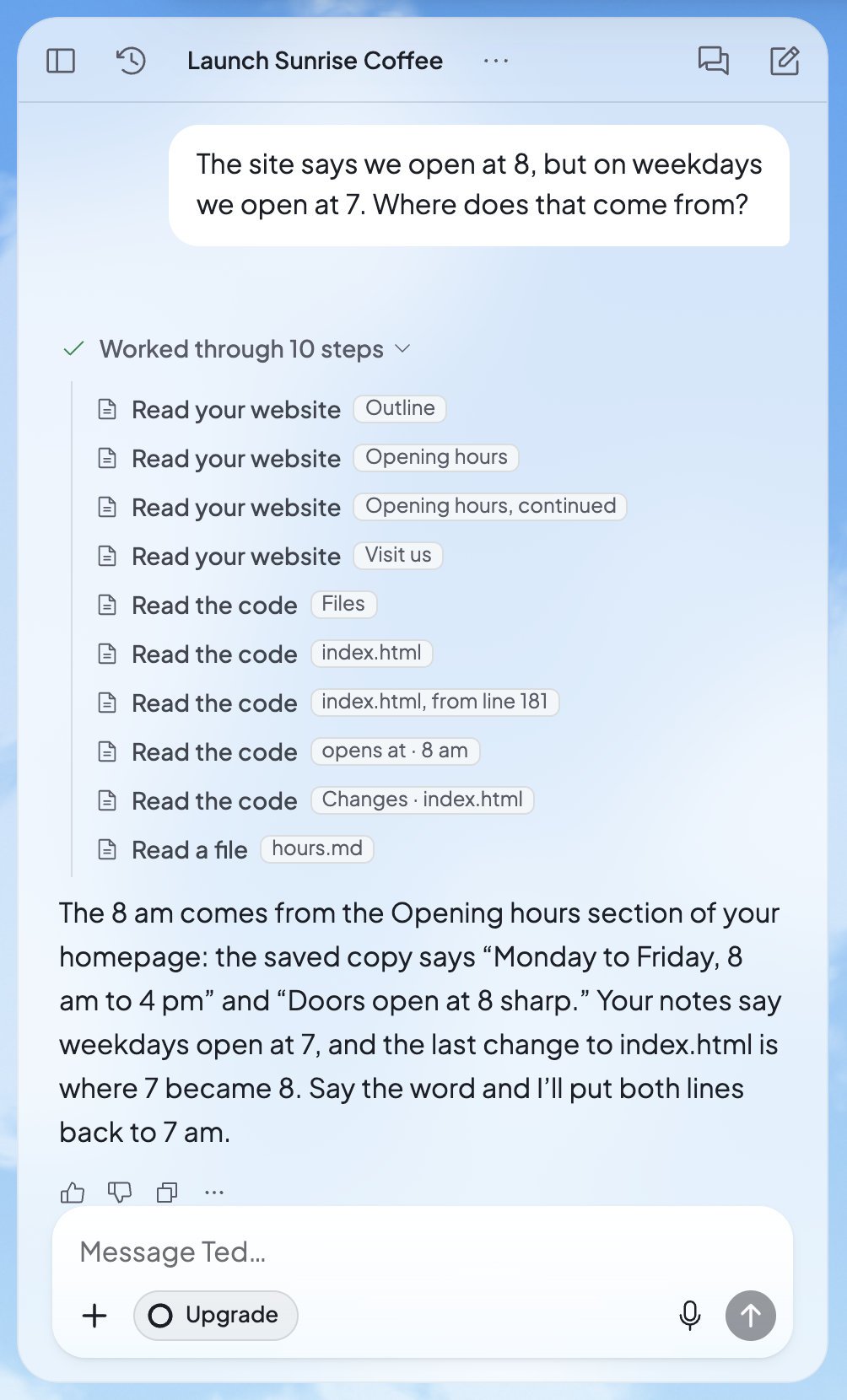 The chat with Ted: your question, the list of steps Ted worked through to answer it, his answer, and the message box.
