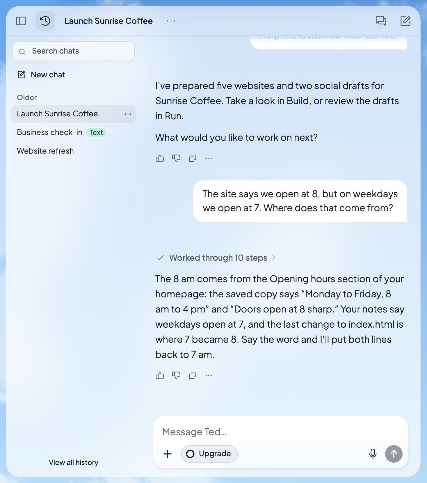 Chat history open beside the chat: the list of chats, with Business check-in marked Text as the chat of your texts with Ted.