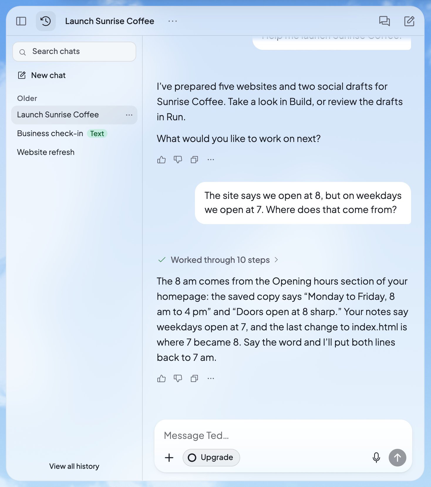 Chat history open beside the chat: the list of chats, with Business check-in marked Text as the chat of your texts with Ted.