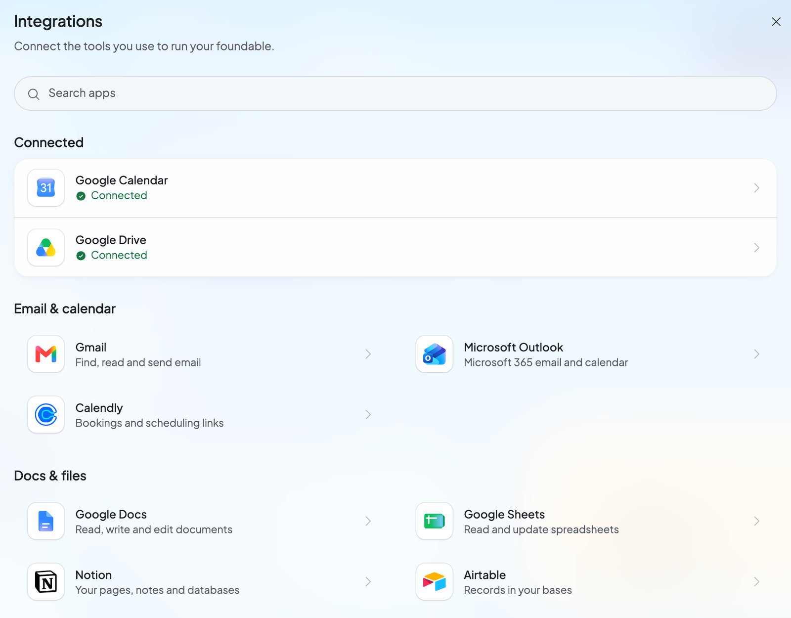 Settings, Integrations: a search box, two connected apps, and shelves of apps to connect such as Gmail, Outlook, Calendly, Google Docs and Notion.